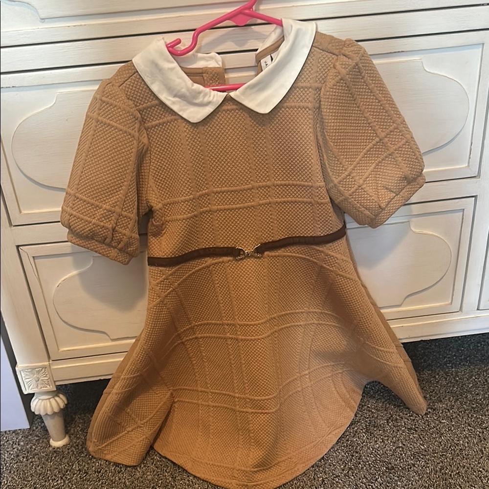 Janie and Jack Tan A-line Dress with Puff Sleeves and Peter Pan Collar